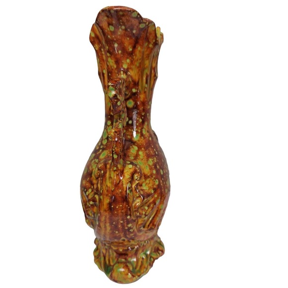 VTG Art Pottery Ewer Vase Brown Orange Green 1960-70s Pitcher Handled Hand Paint - Picture 2 of 12